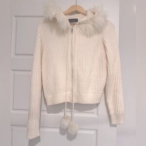 Fur HOODED ZIP UP CARDIGAN - IVORY - MEDIUM, coquette, white fur trim, zipper